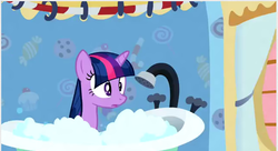 Size: 647x352 | Tagged: safe, screencap, twilight sparkle, pony, feeling pinkie keen, g4, my little pony: friendship is magic, bath, bathtub, wet mane