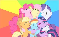 Size: 810x512 | Tagged: safe, applejack, fluttershy, pinkie pie, rainbow dash, rarity, twilight sparkle, g4, group hug, happy, hug, mane six