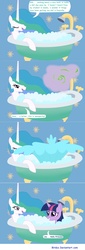 Size: 2500x7316 | Tagged: safe, artist:birdco, princess celestia, twilight sparkle, g4, bath, bathroom, bathtub, bubble, bubble bath, claw foot bathtub, comic, intrusion of privacy