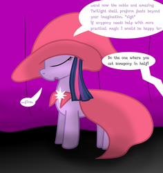 Size: 1126x1193 | Tagged: safe, artist:dazed-and-wandering, twilight sparkle, ambiguous race, ask stalker trixie, g4, cape, clothes, eyes closed, hat, solo, speech bubble
