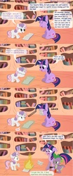 Size: 2500x6020 | Tagged: safe, artist:birdco, spike, sweetie belle, twilight sparkle, g4, book, fail, fire, golden oaks library, magic