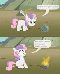 Size: 2500x3068 | Tagged: safe, artist:birdco, sweetie belle, g4, arrow, comic, epic fail, fail, fire, how, magic, physically impossible, pyro belle, rock, sweetie fail, this will end in fire