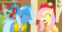 Size: 1280x665 | Tagged: safe, artist:dazed-and-wandering, fluttershy, trixie, pegasus, pony, unicorn, ask stalker trixie, g4, ^^, axe, duo, eyes closed, fire extinguisher, firefighter helmet, helmet, magic, open mouth, telekinesis, weapon