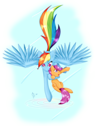 Size: 1590x2100 | Tagged: safe, artist:axelsmile, rainbow dash, scootaloo, pegasus, pony, g4, duo, duo female, female, flying, holding a pony, scootalove