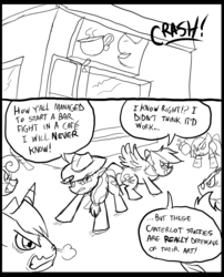 Size: 827x1025 | Tagged: safe, artist:metal-kitty, applejack, rainbow dash, comic:mlp project, g4, angry, comic, crash, cup, imminent fight, monochrome