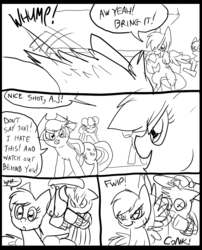 Size: 827x1025 | Tagged: safe, artist:metal-kitty, applejack, rainbow dash, oc, comic:mlp project, g4, angry, chair, comic, fight, floppy ears, looking at each other, looking at someone, monochrome
