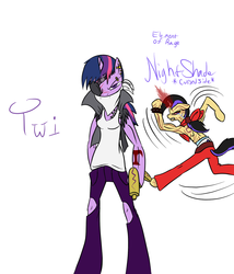 Size: 900x1052 | Tagged: safe, artist:artsygum, twilight sparkle, oc, anthro, g4, bandana, clothes, eyepatch, gun, son