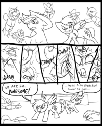 Size: 827x1025 | Tagged: safe, artist:metal-kitty, applejack, rainbow dash, oc, comic:mlp project, g4, comic, looking over shoulder, monochrome, punch, smiling, worried