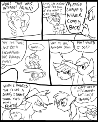 Size: 827x1025 | Tagged: safe, artist:metal-kitty, applejack, pinkie pie, rainbow dash, oc, comic:mlp project, g4, cheering, comic, eyes closed, pointing, sad, table, upset, yelling