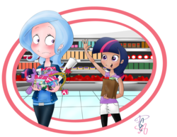 Size: 900x694 | Tagged: safe, artist:pa0oliitahw, trixie, twilight sparkle, human, g4, big crown thingy, female, grocery store, humanized, lesbian, ship:twixie, shipping, shopping, simple background, transparent background