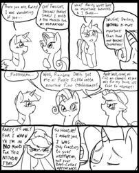 Size: 827x1025 | Tagged: safe, artist:metal-kitty, applejack, rarity, twilight sparkle, earth pony, pony, unicorn, comic:mlp project, g4, comic, eyes closed, glare, looking at each other, looking at someone