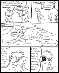 Size: 827x1025 | Tagged: safe, artist:metal-kitty, pinkie pie, rainbow dash, twilight sparkle, comic:mlp project, g4, bed mane, black eye, blanket, comic, confused, rubbing head, thinking