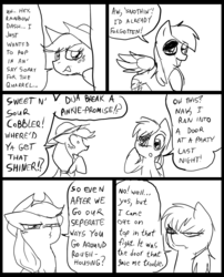 Size: 827x1025 | Tagged: safe, artist:metal-kitty, applejack, rainbow dash, comic:mlp project, g4, applejack is not amused, black eye, comic, glare, looking at each other, looking at someone, shocked, unamused, yelling