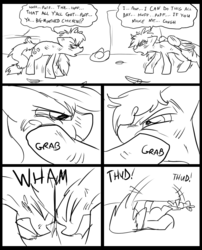 Size: 827x1025 | Tagged: safe, artist:metal-kitty, applejack, rainbow dash, comic:mlp project, g4, comic, feather, fight, grabbing, headbutt, messy mane, scratches