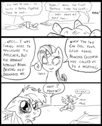 Size: 827x1025 | Tagged: safe, artist:metal-kitty, applejack, rainbow dash, rarity, comic:mlp project, g4, comic, confused, head shake, looking over shoulder, lying down, on back, scratches, twitching