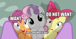 Size: 628x318 | Tagged: safe, apple bloom, scootaloo, sweetie belle, twilight sparkle, g4, cutie mark crusaders, do not want, i'm twelve years old and what is this?, image macro, reaction image