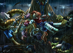 Size: 1647x1200 | Tagged: safe, artist:atryl, rainbow dash, scootaloo, oc, griffon, anthro, unguligrade anthro, g4, fight, ponified, rain, storm, strider hiryu, wonderbolts uniform