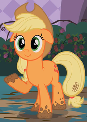 Size: 466x647 | Tagged: safe, screencap, applejack, earth pony, pony, g4, sweet and elite, female, floppy ears, garden party, mare, mud, smiling, solo