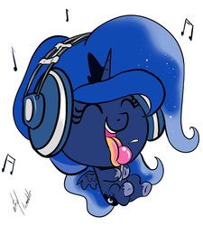 Size: 900x999 | Tagged: safe, artist:atryl, princess luna, pony, g4, cute, eyes closed, female, headphones, lollipop, lunabetes, simple background, solo