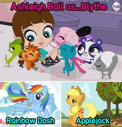 Size: 600x622 | Tagged: safe, applejack, rainbow dash, dog, earth pony, gecko, hedgehog, human, mongoose, monkey, panda, pegasus, pony, skunk, g4, official, apple, ashleigh ball, ass, blythe baxter, butt, exploitable meme, female, first littlest pet shop picture on derpibooru, food, hub logo, hubble, littlest pet shop, mare, meme, meta, minka mark, penny ling, pepper clark, russell ferguson, same voice actor, sunil nevla, text, the hub, vinnie terrio, voice actor joke, zoe trent