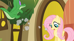 Size: 639x360 | Tagged: safe, screencap, fluttershy, gummy, g4, party of one, ei, hub logo