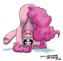 Size: 1118x1068 | Tagged: safe, artist:los-chainbird, pinkie pie, earth pony, pony, g4, butt, female, happy, headstand, looking between legs, mare, open mouth, open smile, plot, smiling, solo, underhoof, upside down, waving