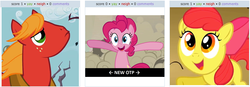 Size: 789x275 | Tagged: safe, apple bloom, big macintosh, doomie, earth pony, pony, derpibooru, g4, exploitable meme, juxtaposition, juxtaposition win, male, meme, meta, otp, stallion