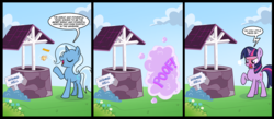 Size: 1700x744 | Tagged: safe, artist:madmax, trixie, twilight sparkle, pony, unicorn, g4, adventure in the comments, be careful what you wish for, character to character, coin, comic, curse cut short, dialogue, flower, funny, magic, pony to pony, poof, speech bubble, transformation, unicorn twilight, well, wishing well