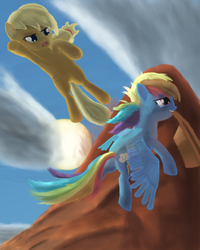 Size: 3000x3742 | Tagged: safe, artist:morevespenegas, applejack, rainbow dash, earth pony, pegasus, pony, g4, accessory theft, hat, mouth hold