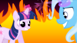 Size: 1280x720 | Tagged: safe, artist:fkandfriends, trixie, twilight sparkle, pony, unicorn, g4, duo, duo female, female, fire, glowing, glowing horn, horn, magic, mare, unicorn twilight