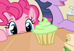 Size: 1079x750 | Tagged: safe, artist:gingermint, artist:icekatze, pinkie pie, twilight sparkle, g4, cupcake, eyes on the prize, food