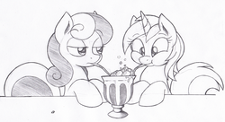 Size: 1264x690 | Tagged: safe, artist:joey darkmeat, bon bon, lyra heartstrings, sweetie drops, earth pony, pony, unicorn, g4, :t, blowing bubbles, bon bon is not amused, bubble, drink, drinking, duo, frothing, frown, grayscale, milkshake, monochrome, sharing a drink, silly, silly pony, simple background, smiling, straw, traditional art, unamused, white background