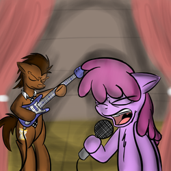 Size: 512x512 | Tagged: safe, artist:mikeythefox, berry punch, berryshine, doctor whooves, time turner, earth pony, pony, g4, bipedal, duo, female, guitar, male, mare, microphone, musical instrument, singing, stallion