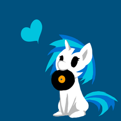 Size: 500x500 | Tagged: safe, artist:shadowkixx, dj pon-3, vinyl scratch, pony, unicorn, g4, cute, female, heart, mouth hold, record, simple background, sitting, solo, vinylbetes