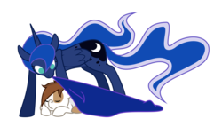 Size: 1484x847 | Tagged: safe, artist:thedeseasedcow, pipsqueak, princess luna, g4, blanket, colt, cute, daaaaaaaaaaaw, eyes closed, foal, male, maternaluna, mouth hold, prone, simple background, sleeping, squeakabetes, transparent background