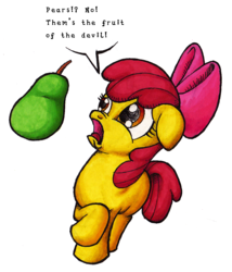 Size: 989x1158 | Tagged: safe, artist:darkone10, apple bloom, earth pony, pony, g4, bow, dialogue, female, floppy ears, fruit of the devil, hilarious in hindsight, pear, pearlarious in hindsight, runs in the family, scared, simple background, solo, speech bubble, that pony sure does hate pears, white background