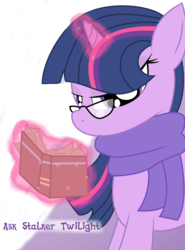 Size: 2872x3883 | Tagged: safe, artist:dazed-and-wandering, twilight sparkle, pony, unicorn, g4, book, clothes, glasses, magic, scarf, solo