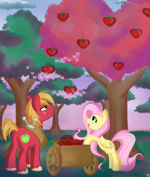 Size: 1600x1900 | Tagged: safe, artist:bamboodog, big macintosh, fluttershy, butterfly, earth pony, pony, g4, apple, apple tree, cart, female, male, mare, ship:fluttermac, shipping, stallion, straight, tree