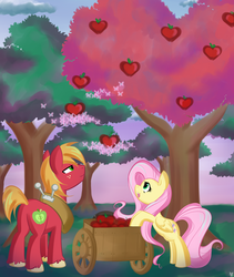 Size: 1600x1900 | Tagged: safe, artist:bamboodog, big macintosh, fluttershy, butterfly, earth pony, pegasus, pony, g4, apple, apple tree, butt, cart, female, male, mare, plot, ship:fluttermac, shipping, stallion, straight, tree