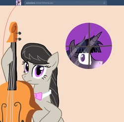 Size: 810x800 | Tagged: safe, artist:nicktoonhero, octavia melody, twilight sparkle, earth pony, pony, unicorn, ask octavia, twilight unbound, g4, ask, cello, duo, duo female, female, mare, musical instrument, tumblr, werelight shine