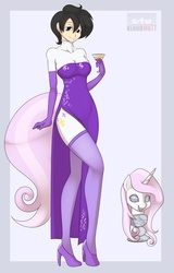 Size: 1152x1800 | Tagged: safe, artist:kloudmutt, fleur-de-lis, human, g4, clothes, cosplay, dress, evening gloves, humanized, mask, masking, partially undressed, ponyrumi, ponysuit