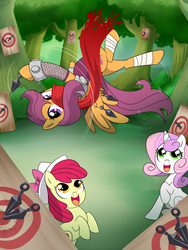 Size: 900x1200 | Tagged: safe, artist:madmax, apple bloom, scootaloo, sweetie belle, g4, kunai, naruto, ninja, older, strider hiryu, target