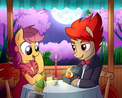 Size: 900x721 | Tagged: safe, artist:madmax, scootaloo, g4, marriage proposal, older, ponified, ring, strider hiryu