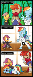Size: 1006x2300 | Tagged: safe, artist:madmax, rainbow dash, scootaloo, g4, black belt, black eye, comic, crying, defeated, derp, facehoof, meditation, ponified, rainbow derp, strider hiryu