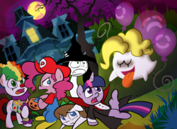 Size: 1000x729 | Tagged: safe, artist:willdrawforfood1, pinkie pie, surprise, twilight sparkle, oc, oc:raipony, oc:stripey butts, earth pony, ghost, pony, unicorn, vampire, ask surprise, g1, g4, :t, adoraprise, ask, balloon, boo (super mario), booified, booprise, bow, candy, clown, clown nose, clown wig, cute, dead tree, diapinkes, dracula, filly, filly twilight sparkle, floppy ears, full moon, g1 to g4, generation leap, ghostprise, gritted teeth, hair bow, halloween, hotblooded pinkie pie, looking back, male, mario, mario pie, moon, nightmare night, open mouth, palette swap, prone, raised hoof, red nose, scared, super mario bros., tree, twiabetes, unicorn twilight, wide eyes, witch
