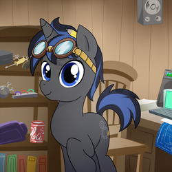 Size: 1200x1200 | Tagged: safe, artist:madmax, oc, oc only, oc:graphite, pony, cute, goggles, male, raised hoof, solo, stallion