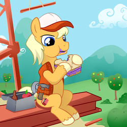 Size: 1000x1000 | Tagged: safe, artist:madmax, oc, oc only, oc:handy hooves, construction pony, sandwich