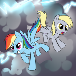 Size: 1000x1000 | Tagged: safe, artist:madmax, derpy hooves, rainbow dash, pegasus, pony, g4, female, lightning, mare, storm