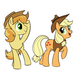 Size: 1000x1000 | Tagged: safe, artist:madmax, applejack, braeburn, g4, accessory swap, clothes, cowboy hat, crossdressing, hat, vest