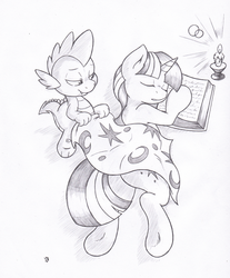 Size: 976x1179 | Tagged: safe, artist:joey darkmeat, spike, twilight sparkle, dragon, unicorn, g4, baby, baby dragon, blanket, book, brother and sister, candle, cute, female, grayscale, horn, male, monochrome, siblings, sleeping, spikabetes, traditional art, twiabetes, underhoof